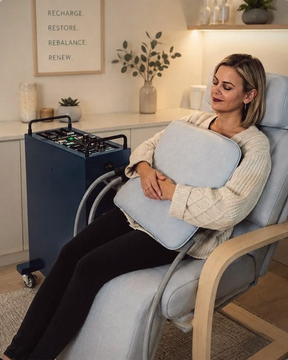 Client resting on a PEMF pad in a recliner at Rescu