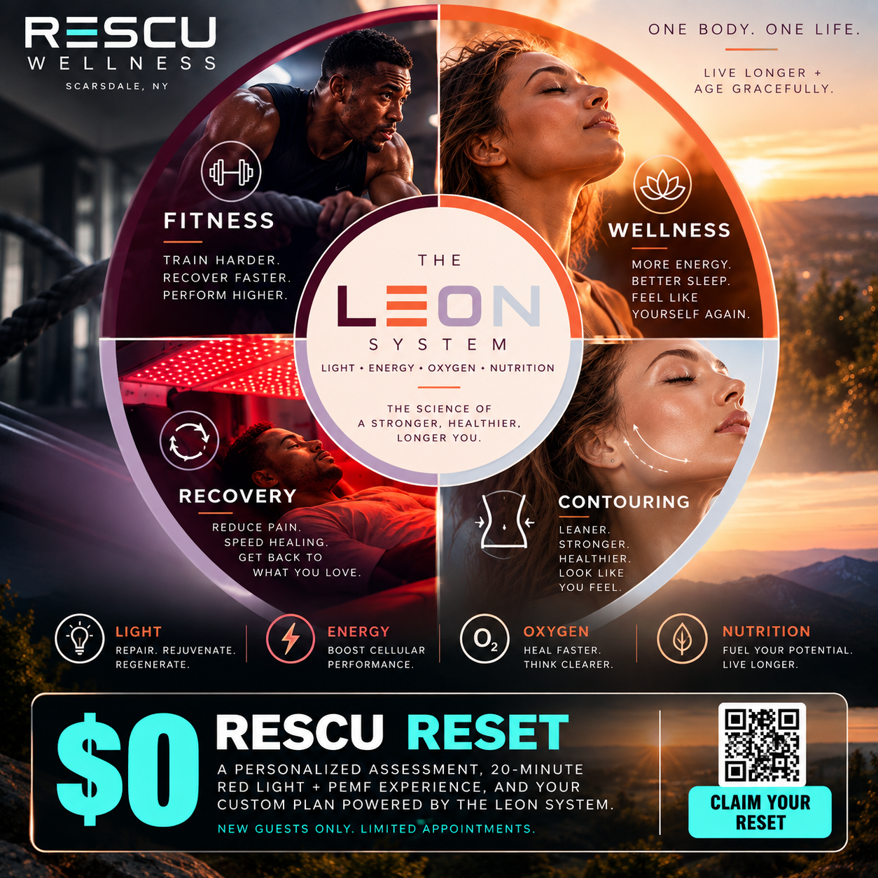 Rescu Wellness LEON System — Light, Energy, Oxygen and Nutrition — supporting fitness, wellness, recovery and contouring