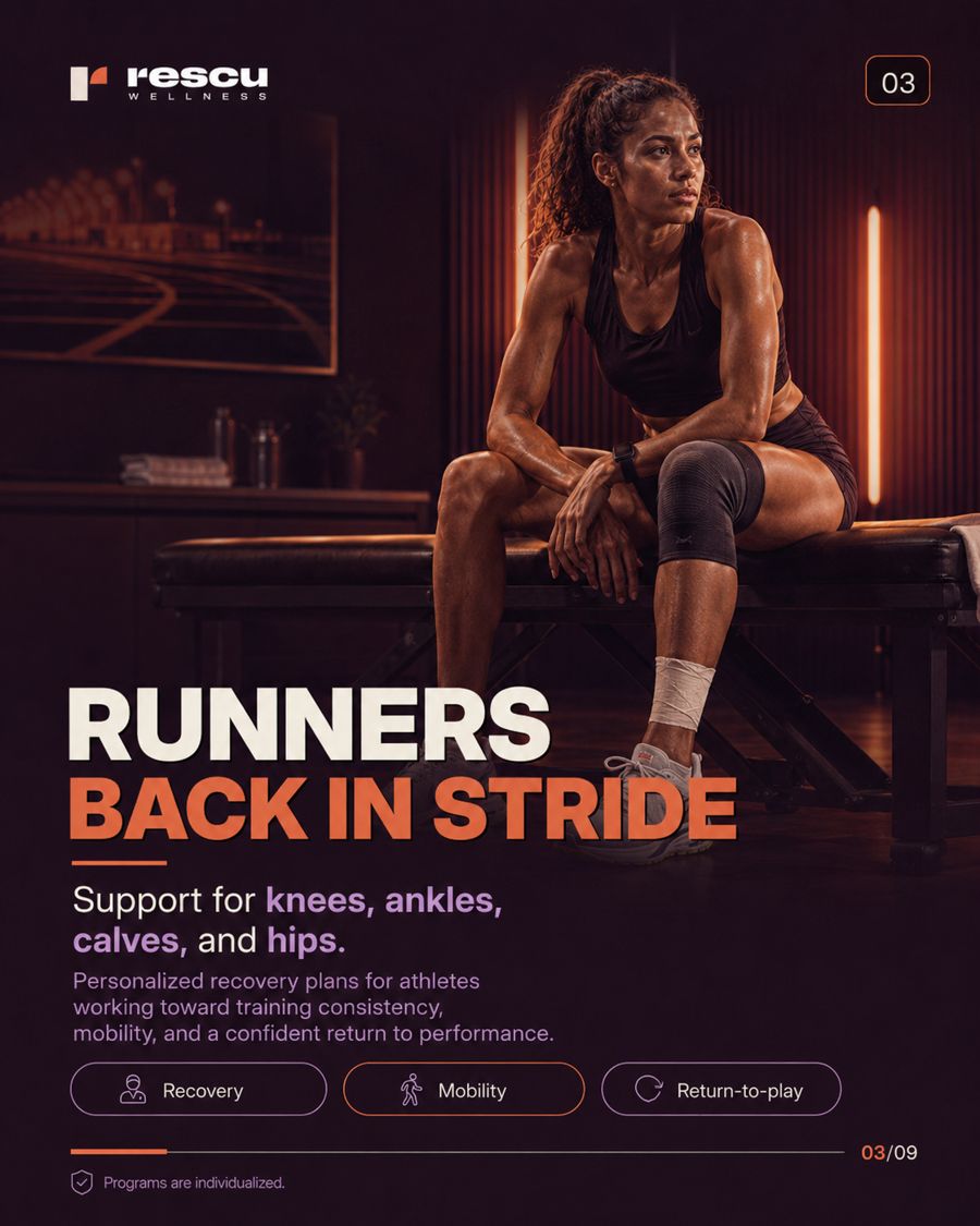 Runners — back in stride: recovery support for knees, ankles, calves and hips at Rescu Wellness