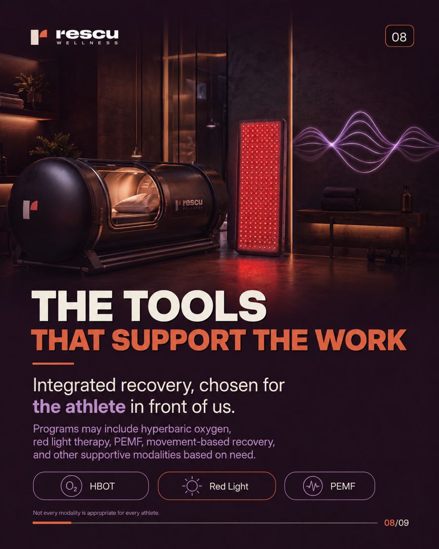 The tools that support the work — hyperbaric oxygen, red light therapy, and PEMF at Rescu Wellness