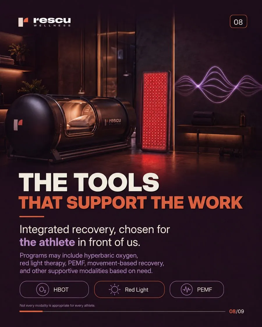 The tools that support the work — hyperbaric oxygen, red light therapy, and PEMF at Rescu Wellness